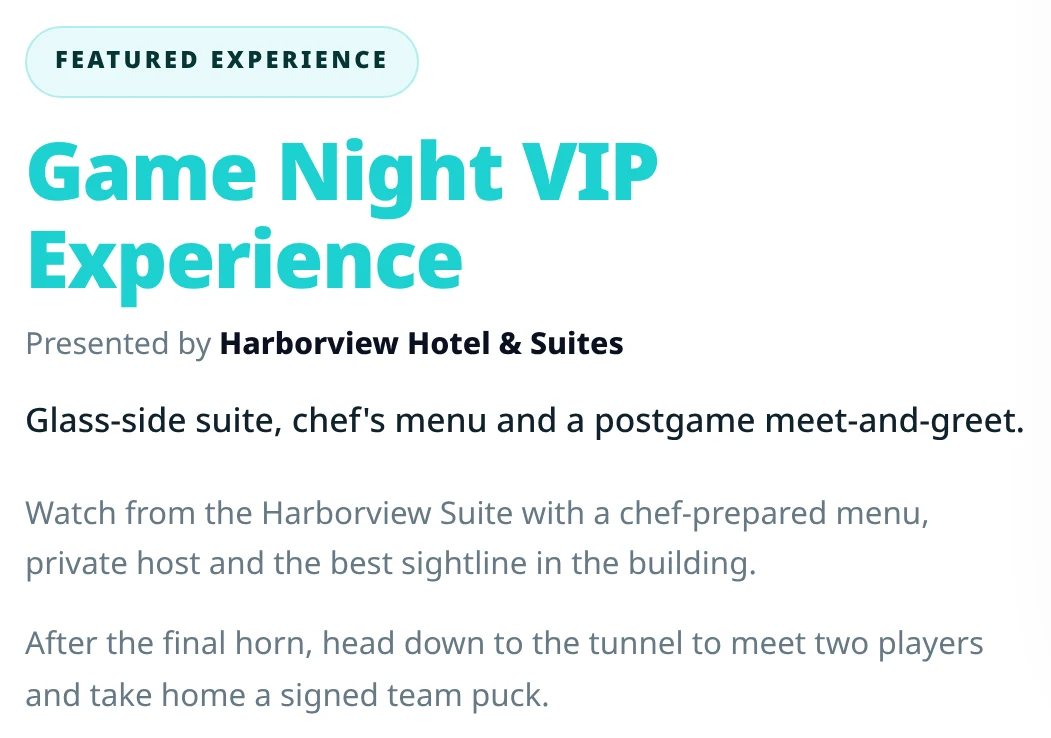 Sport Link Fan Hub Featured Experience: Game Night VIP Experience, presented by Harborview Hotel & Suites.