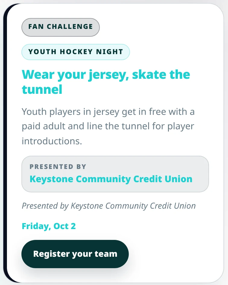 Sport Link Fan Hub promotions: Family Night pack, Youth Hockey Night presented by a partner, a merch giveaway, student tickets and a postgame skate.