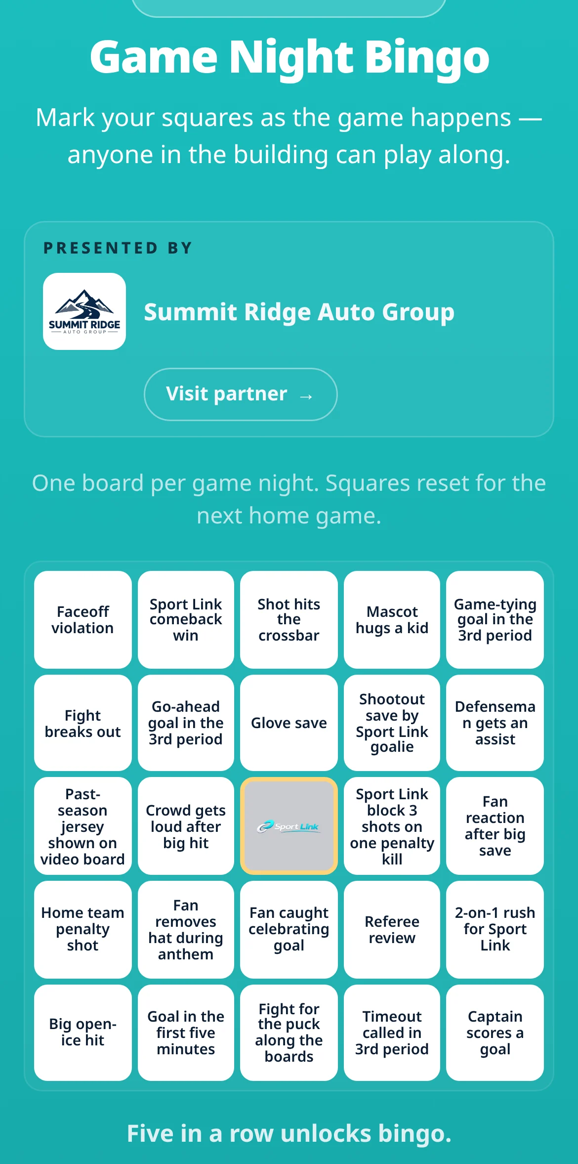 Fan Hub Game Night Bingo: a real 5×5 card of hockey game-night squares with the team logo as the free space.
