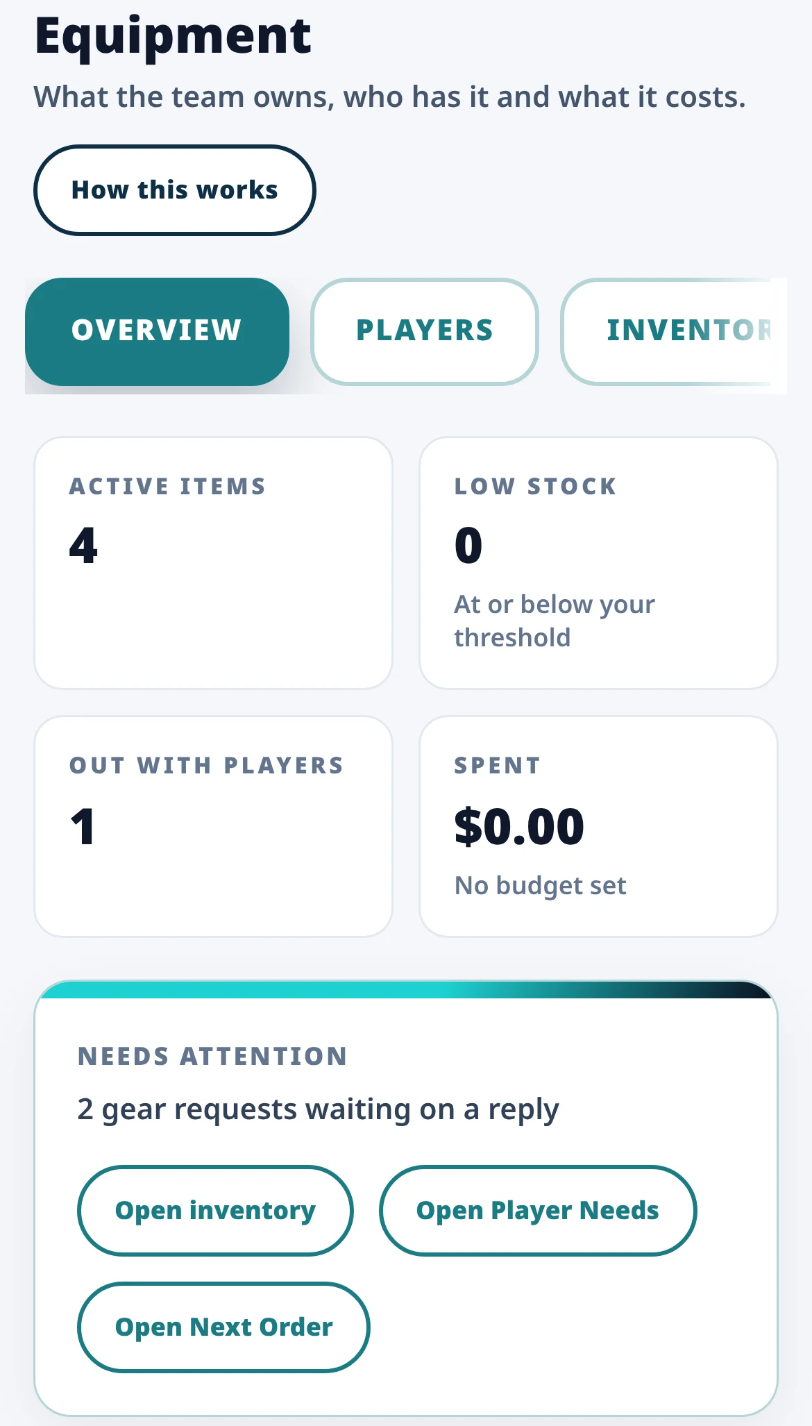 Sport Link Team Zone Equipment overview with active items, low stock, gear out with players and gear needing attention.