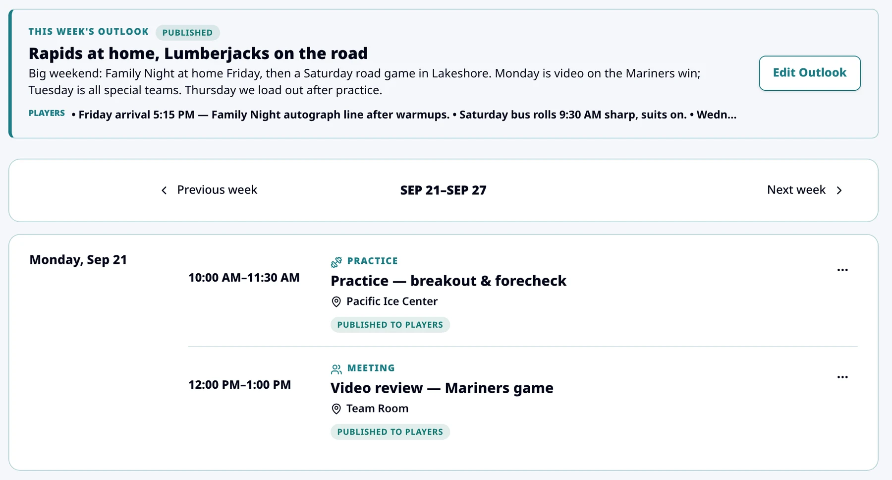 Sport Link Team Zone schedule: this week's published Weekly Outlook above day cards with practices, a video review and a community clinic.
