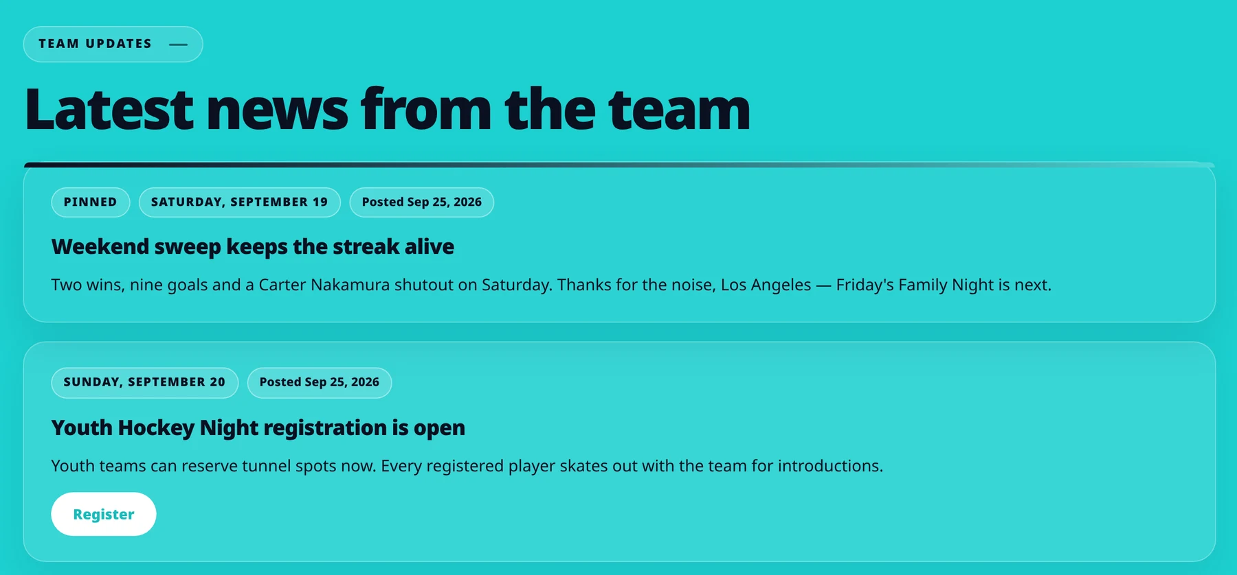 Fan Hub Team Updates: a pinned weekend recap, youth night registration and a free clinic.
